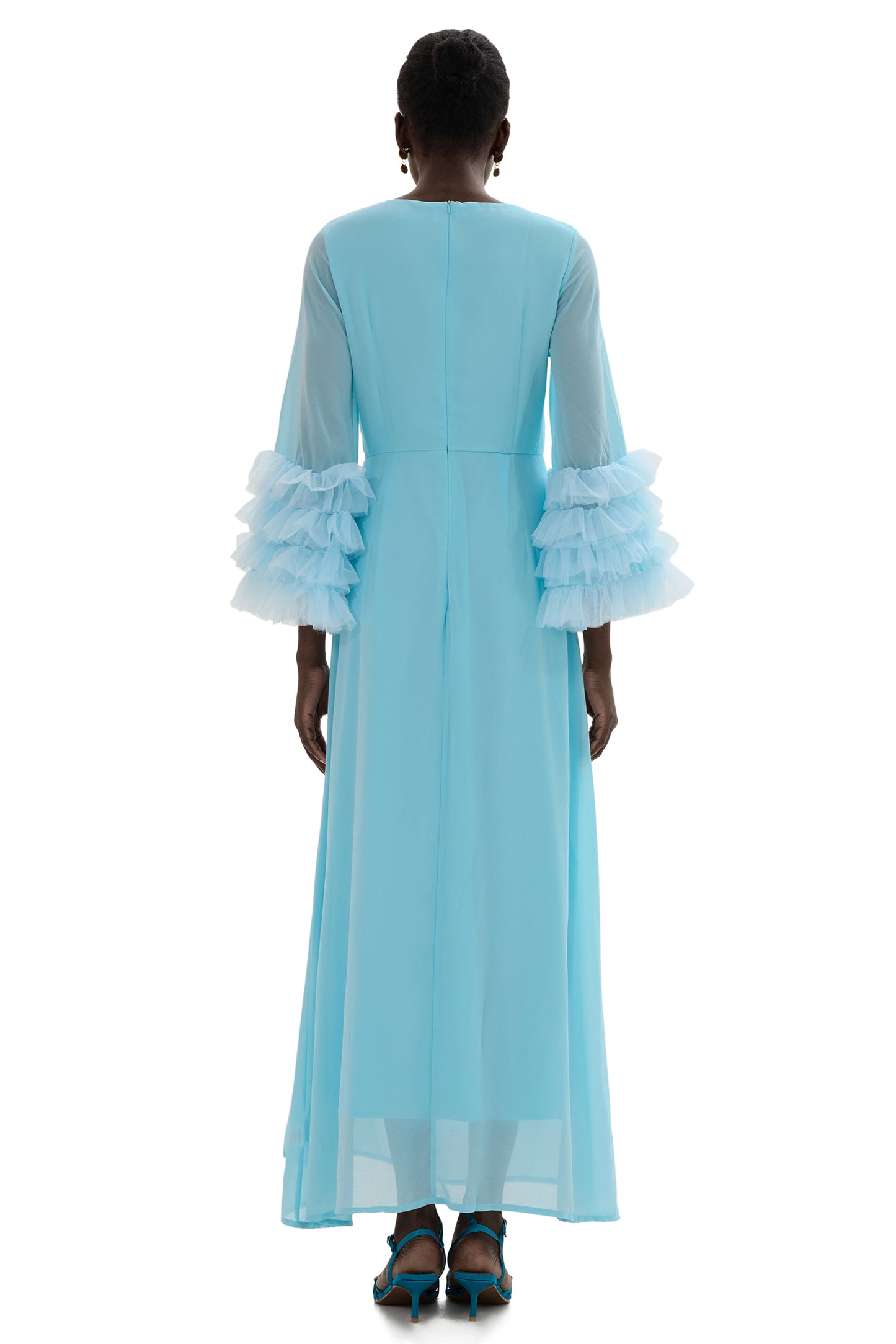 Solid Around Neck Frill Long Sleeve Midi Dress