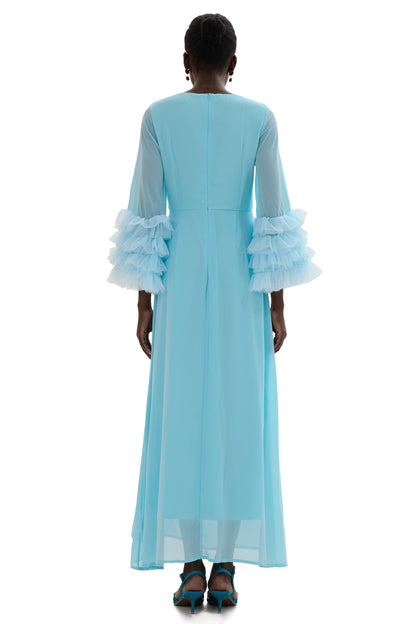 Solid Around Neck Frill Long Sleeve Midi Dress