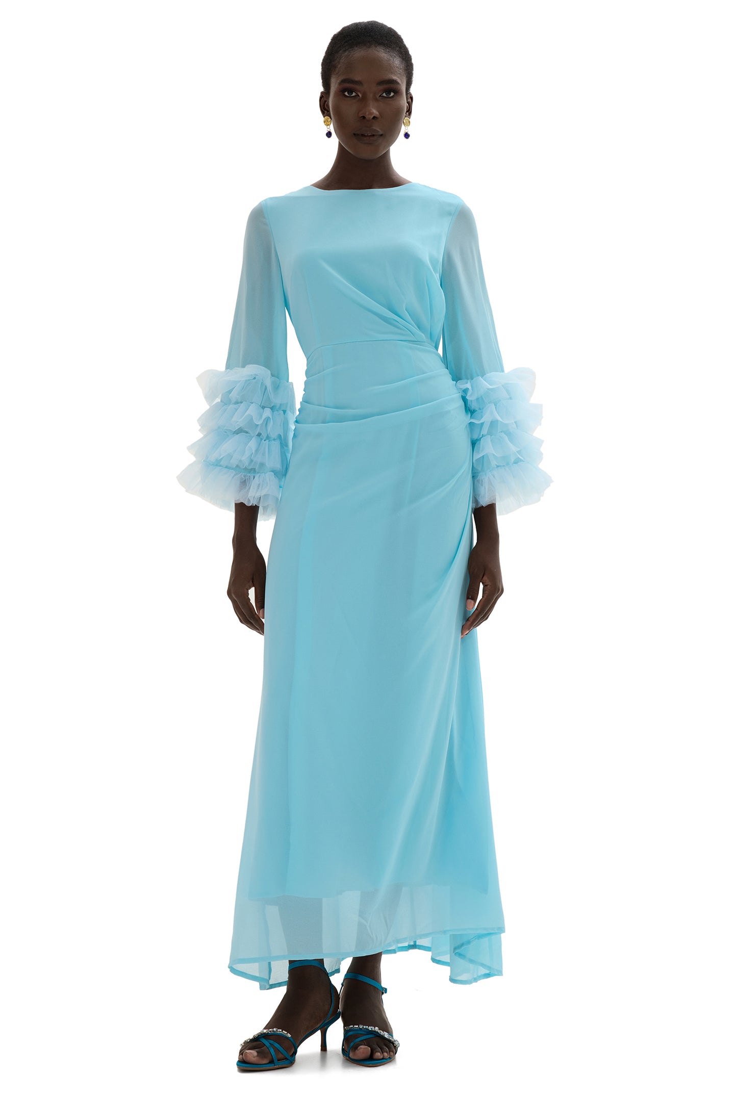 Solid Around Neck Frill Long Sleeve Midi Dress