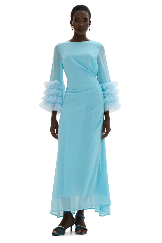 Solid Around Neck Frill Long Sleeve Midi Dress