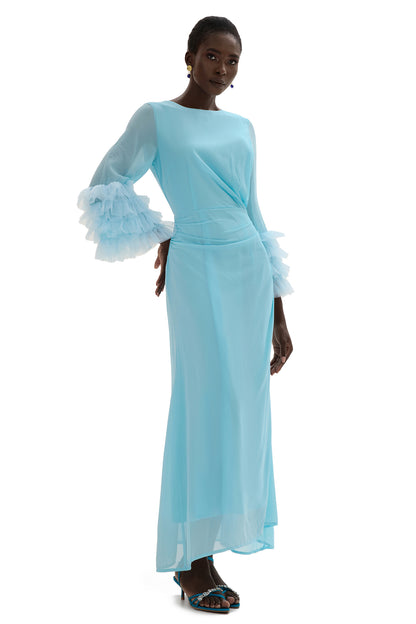 Solid Around Neck Frill Long Sleeve Midi Dress