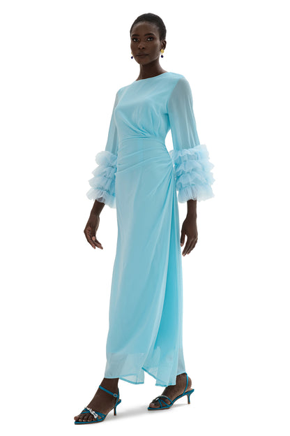 Solid Around Neck Frill Long Sleeve Midi Dress