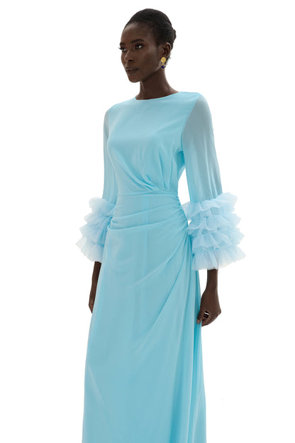 Solid Around Neck Frill Long Sleeve Midi Dress