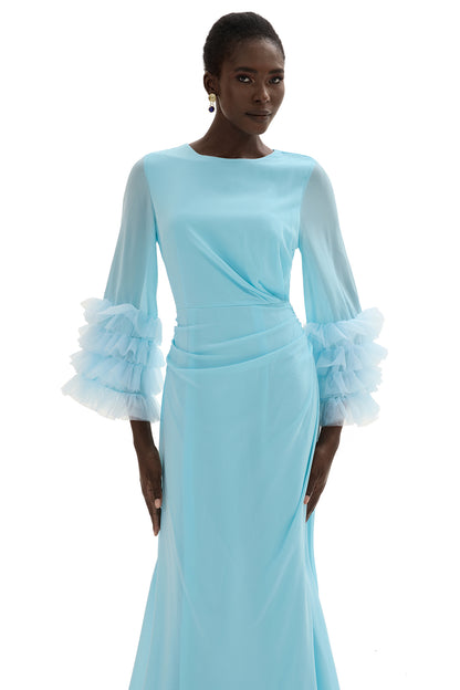 Solid Around Neck Frill Long Sleeve Midi Dress