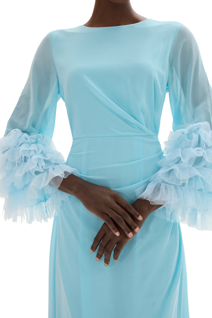 Solid Around Neck Frill Long Sleeve Midi Dress