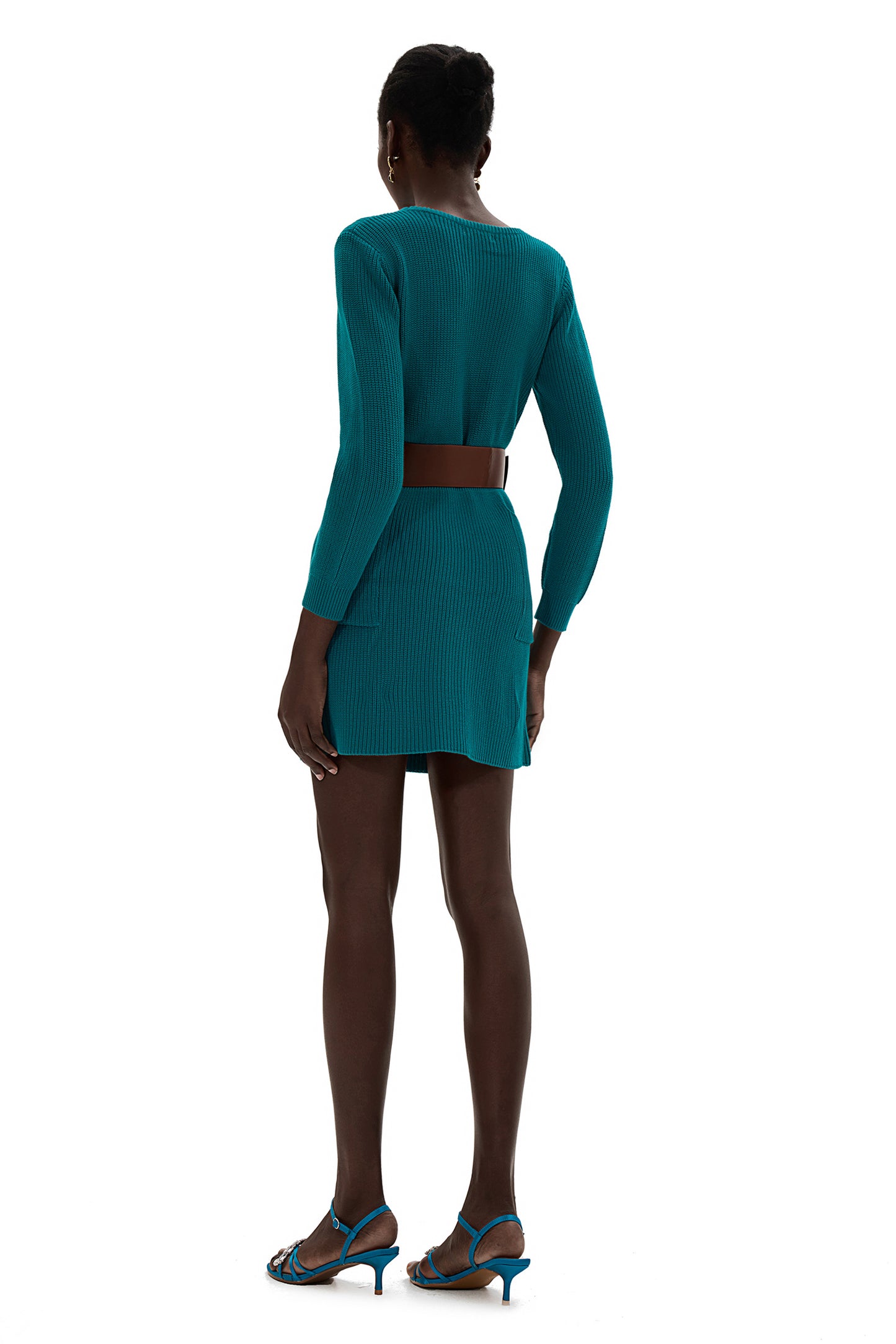 Knit Bottom Long Sleeve Mini Dress With Belt