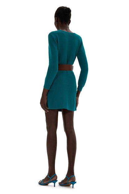 Knit Bottom Long Sleeve Mini Dress With Belt