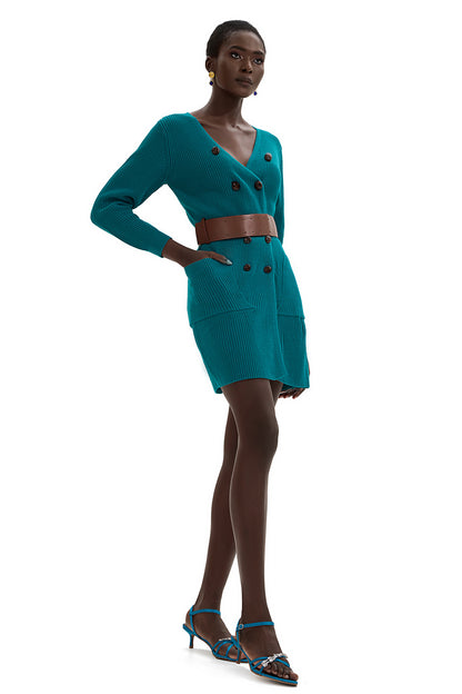 Knit Bottom Long Sleeve Mini Dress With Belt