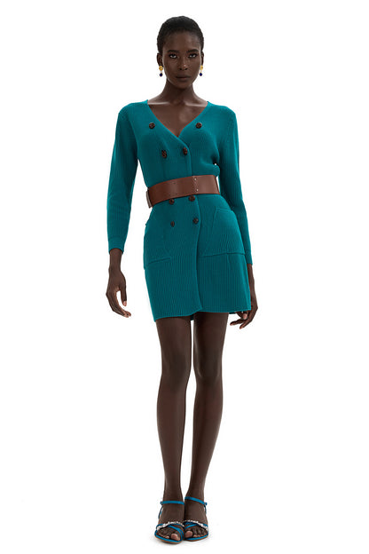 Knit Bottom Long Sleeve Mini Dress With Belt