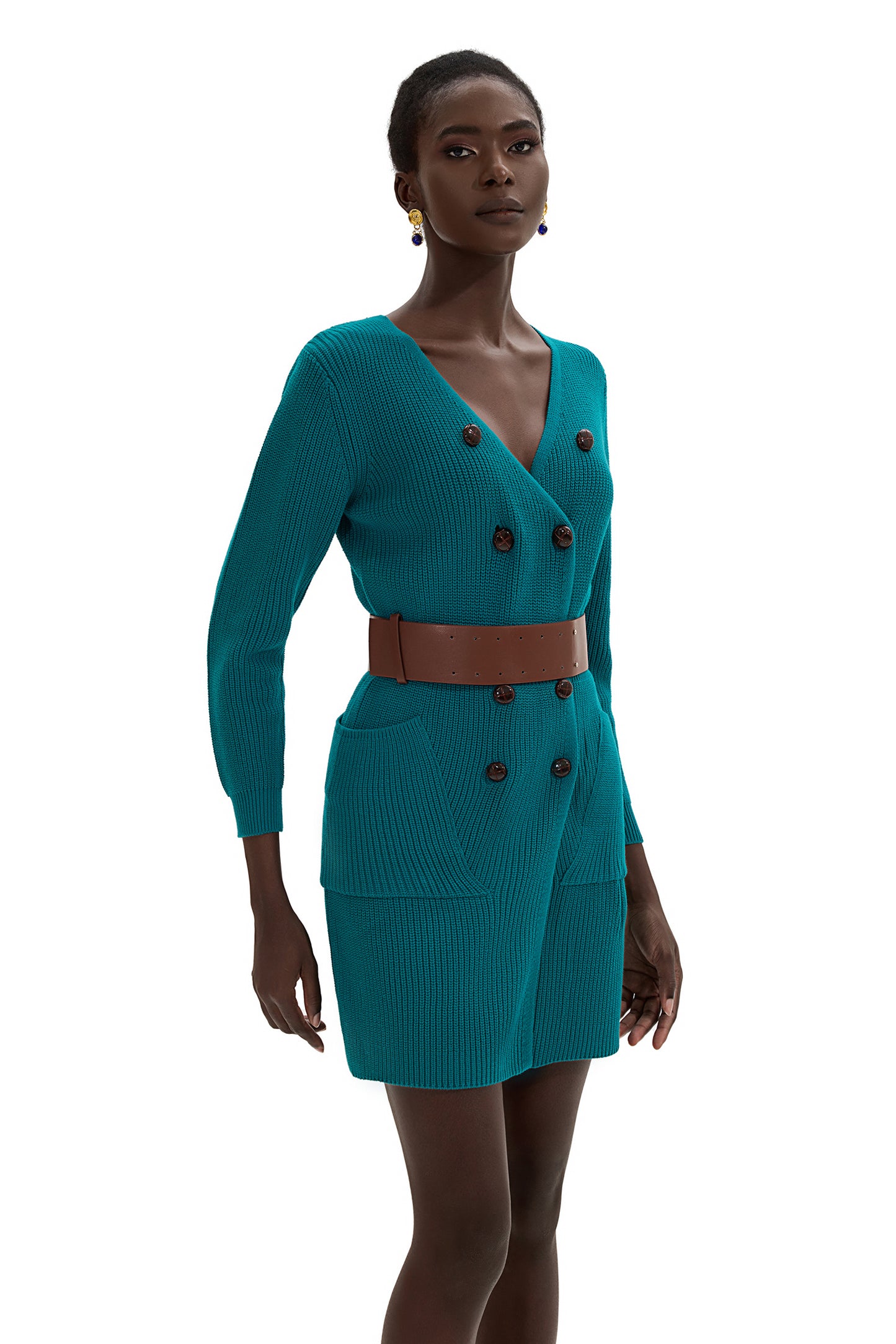 Knit Bottom Long Sleeve Mini Dress With Belt