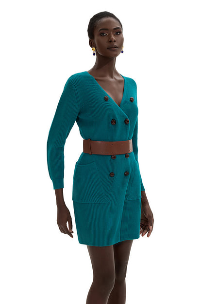 Knit Bottom Long Sleeve Mini Dress With Belt