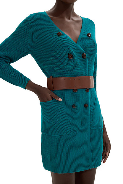 Knit Bottom Long Sleeve Mini Dress With Belt