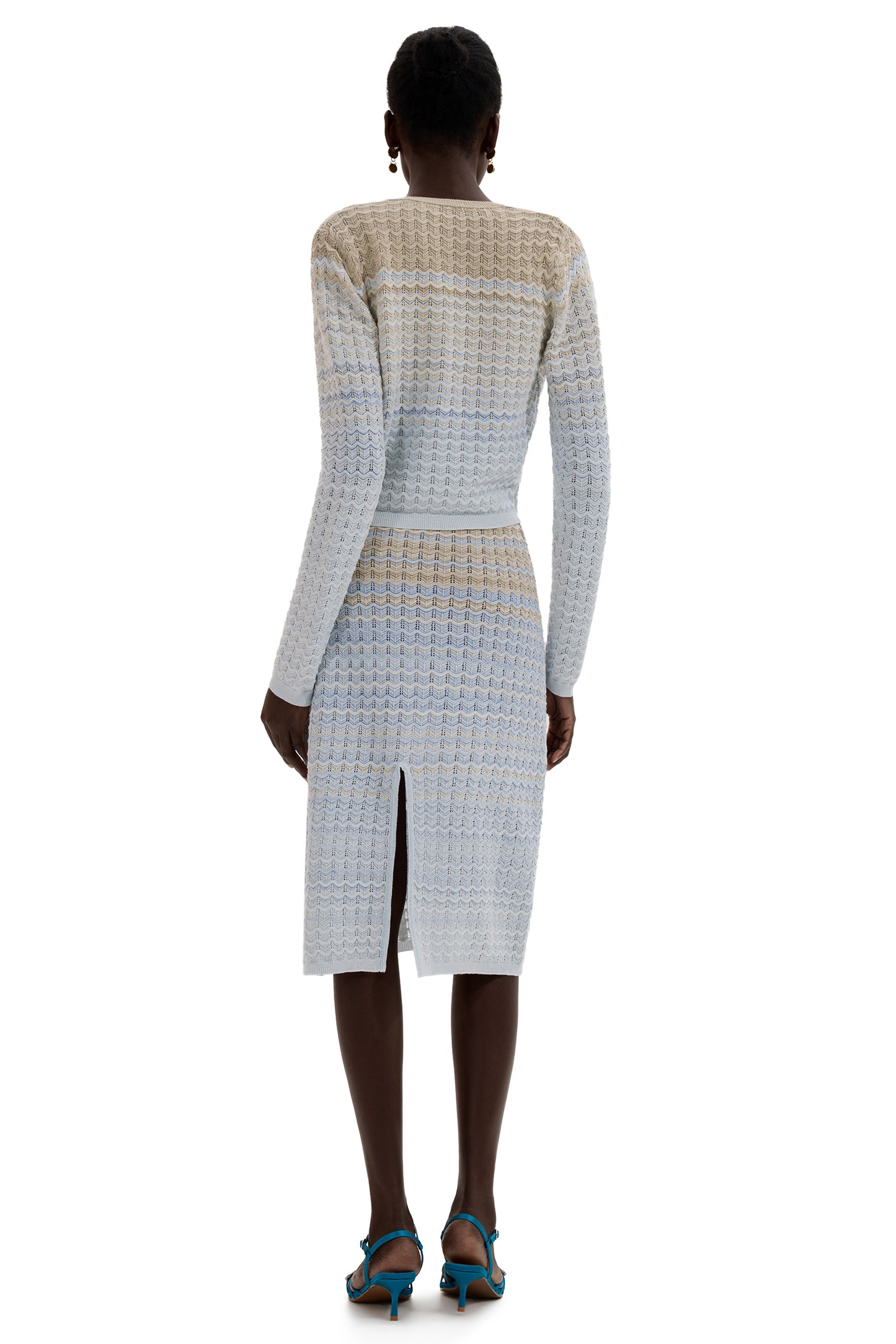 Knit Lurex Long Sleeve Coat & Sleeveless Midi Skirt Set