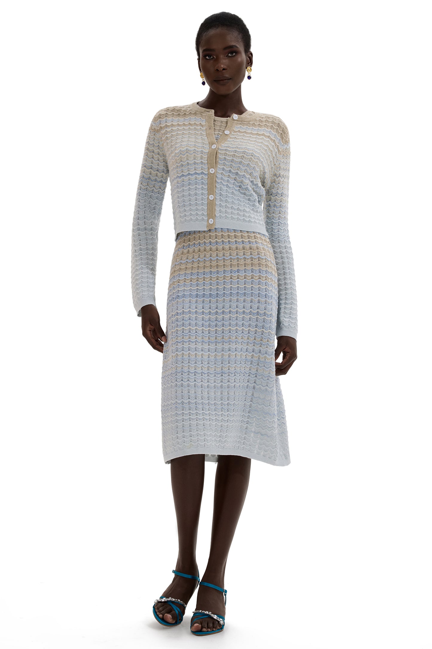 Knit Lurex Long Sleeve Coat & Sleeveless Midi Skirt Set