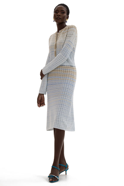 Knit Lurex Long Sleeve Coat & Sleeveless Midi Skirt Set