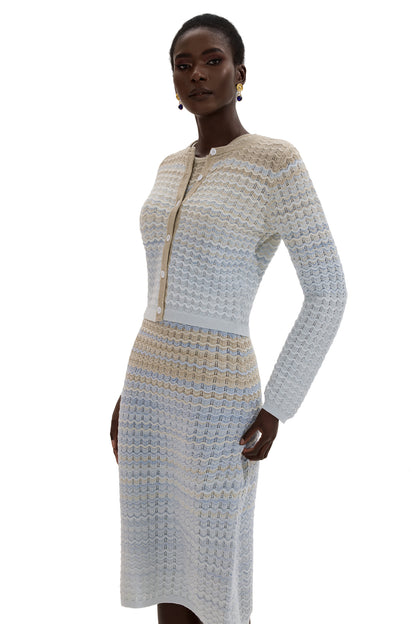 Knit Lurex Long Sleeve Coat & Sleeveless Midi Skirt Set