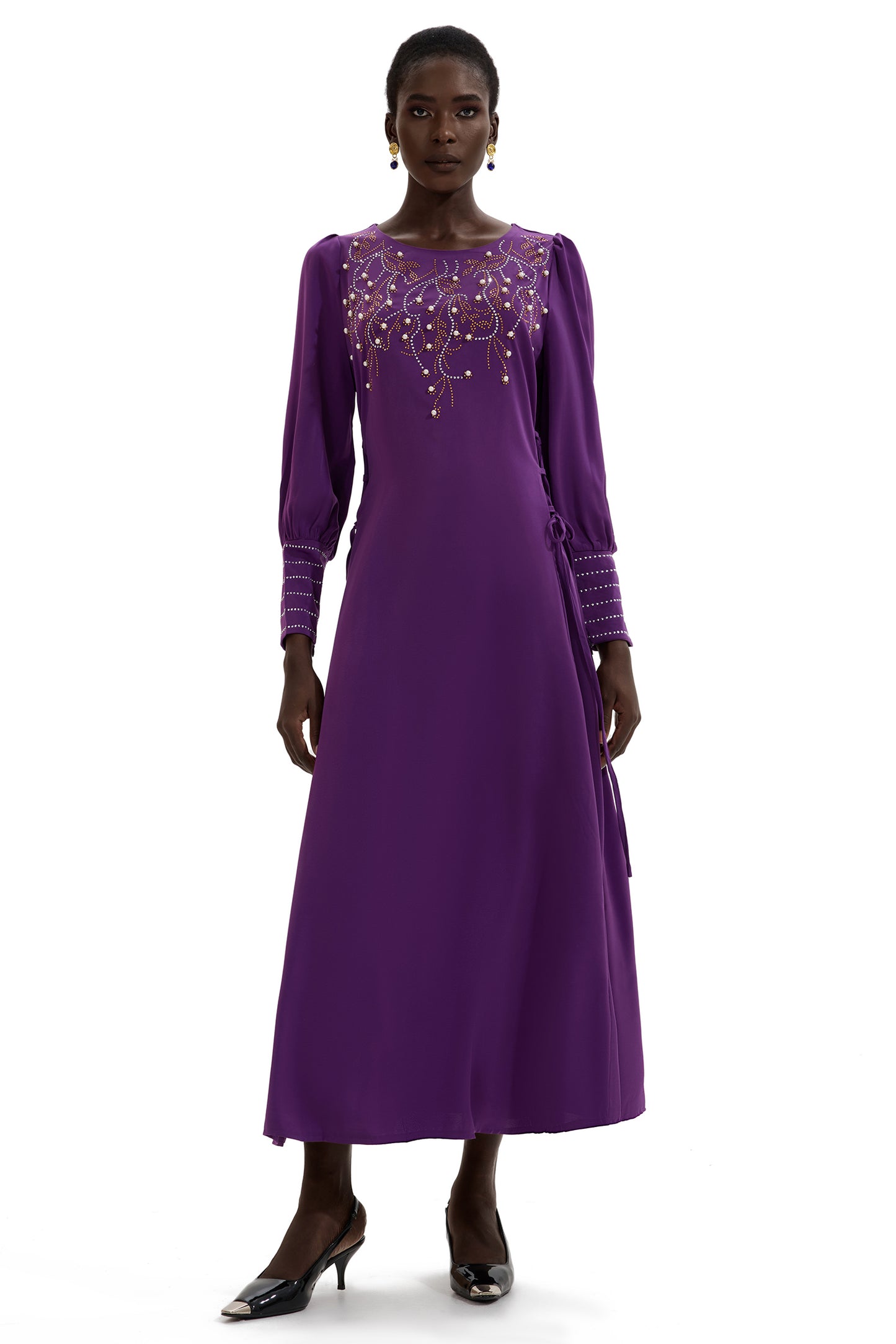 Rhinestone Lantern Sleeve Midi Dress