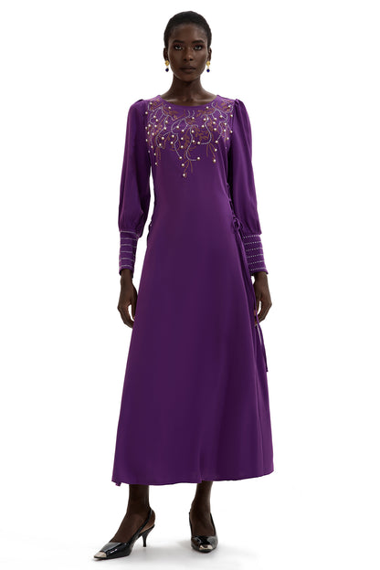 Rhinestone Lantern Sleeve Midi Dress