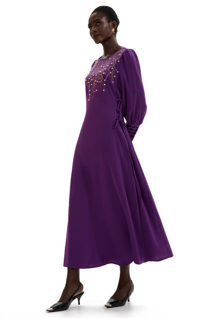 Rhinestone Lantern Sleeve Midi Dress