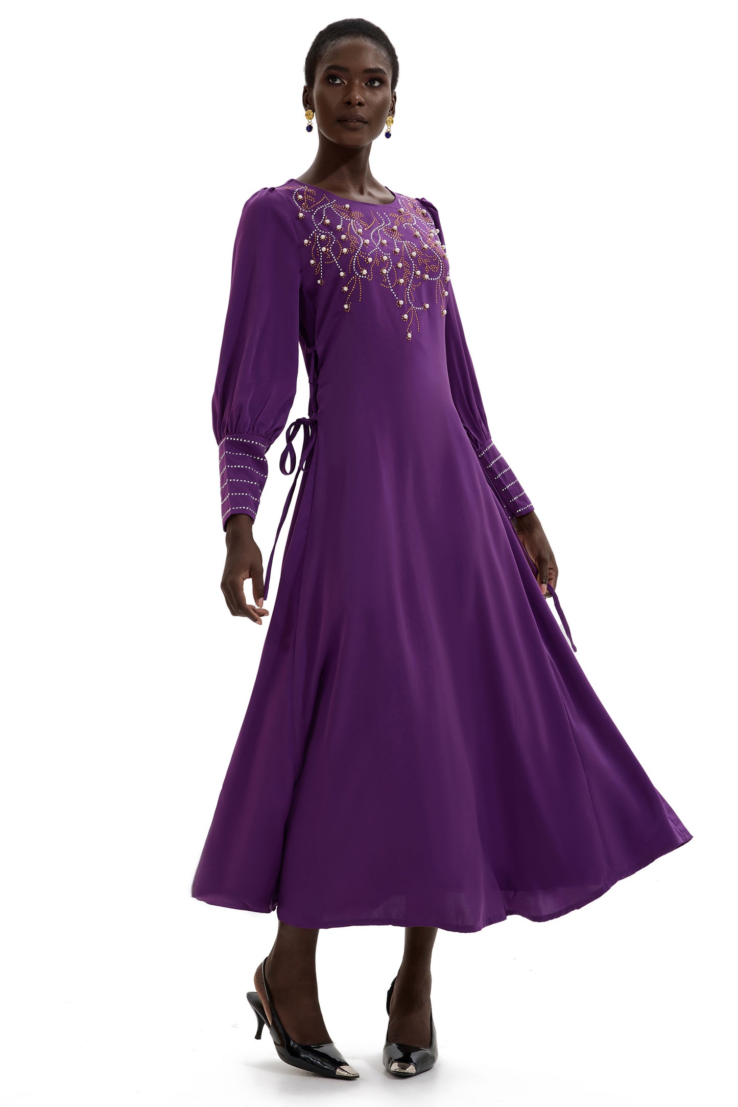 Rhinestone Lantern Sleeve Midi Dress