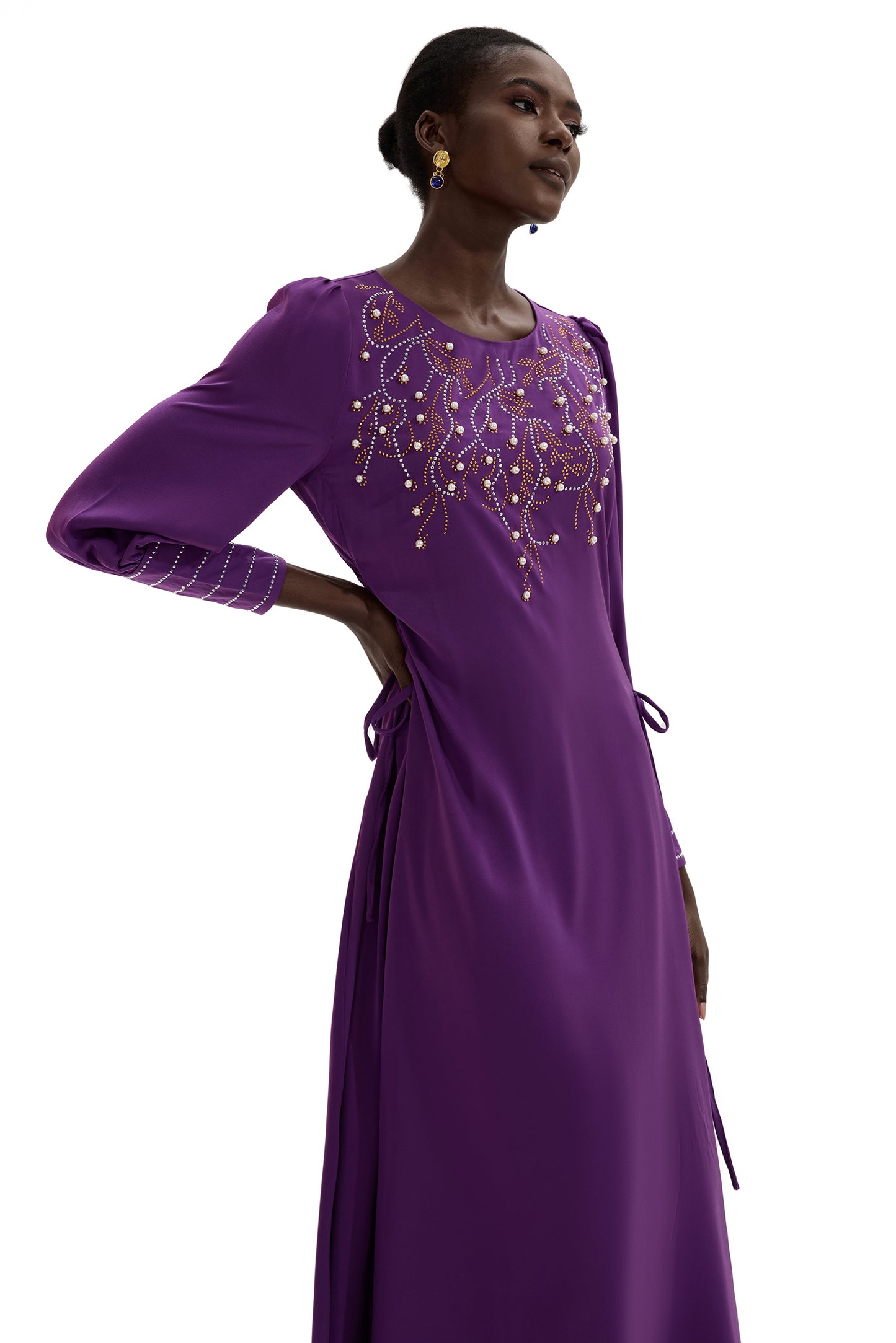 Rhinestone Lantern Sleeve Midi Dress