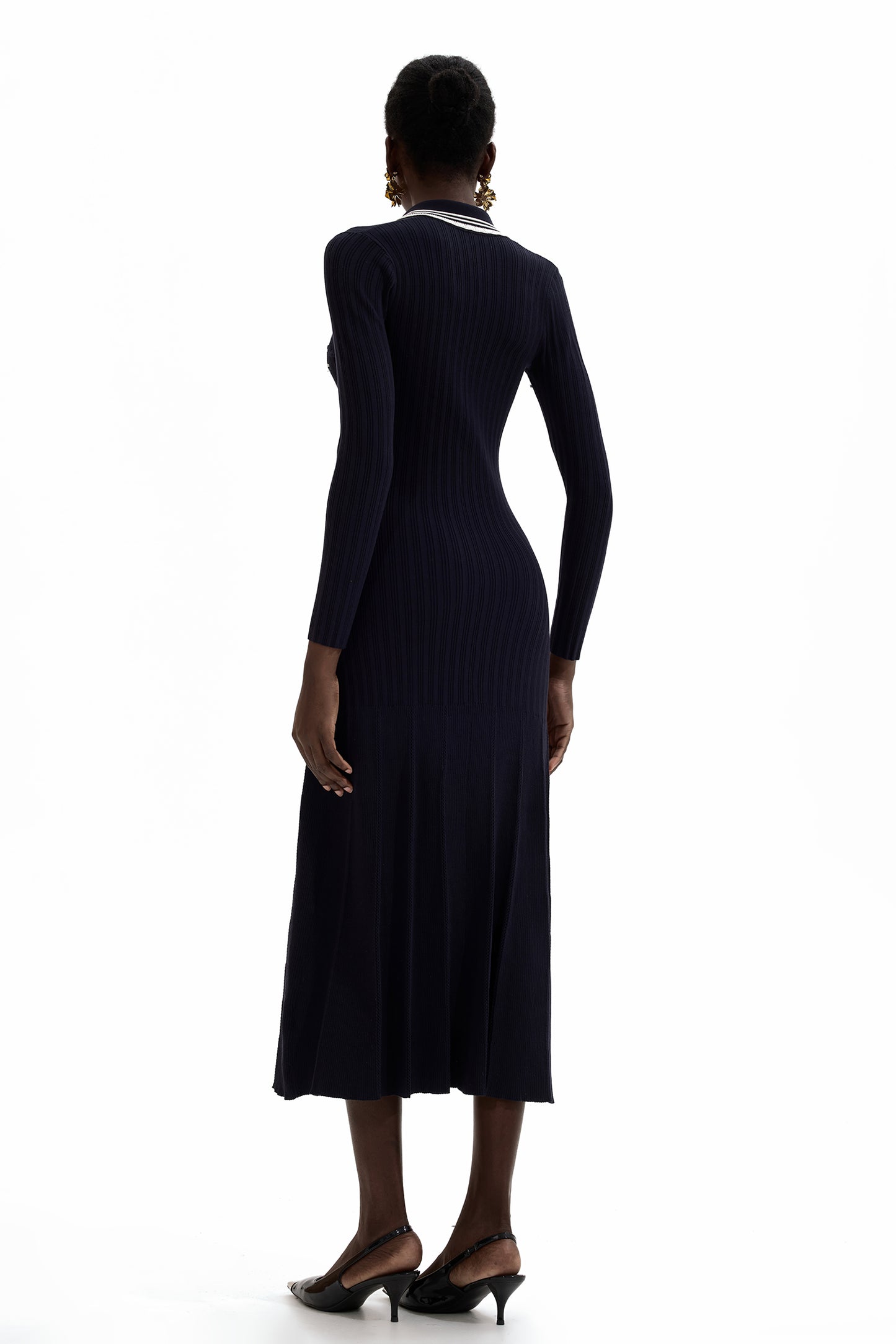 Knit Contrast Color Long Sleeve Midi Dress