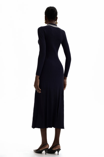 Knit Contrast Color Long Sleeve Midi Dress