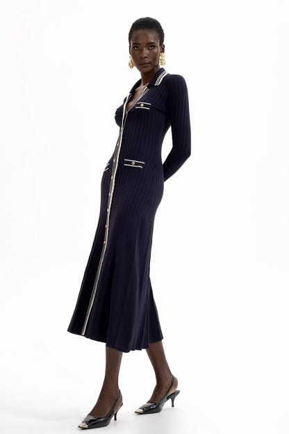 Knit Contrast Color Long Sleeve Midi Dress