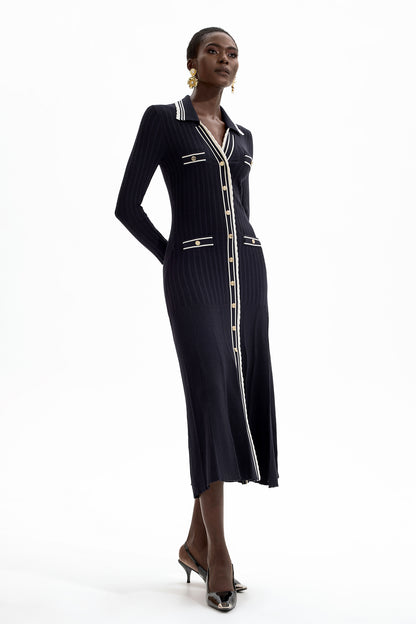 Knit Contrast Color Long Sleeve Midi Dress