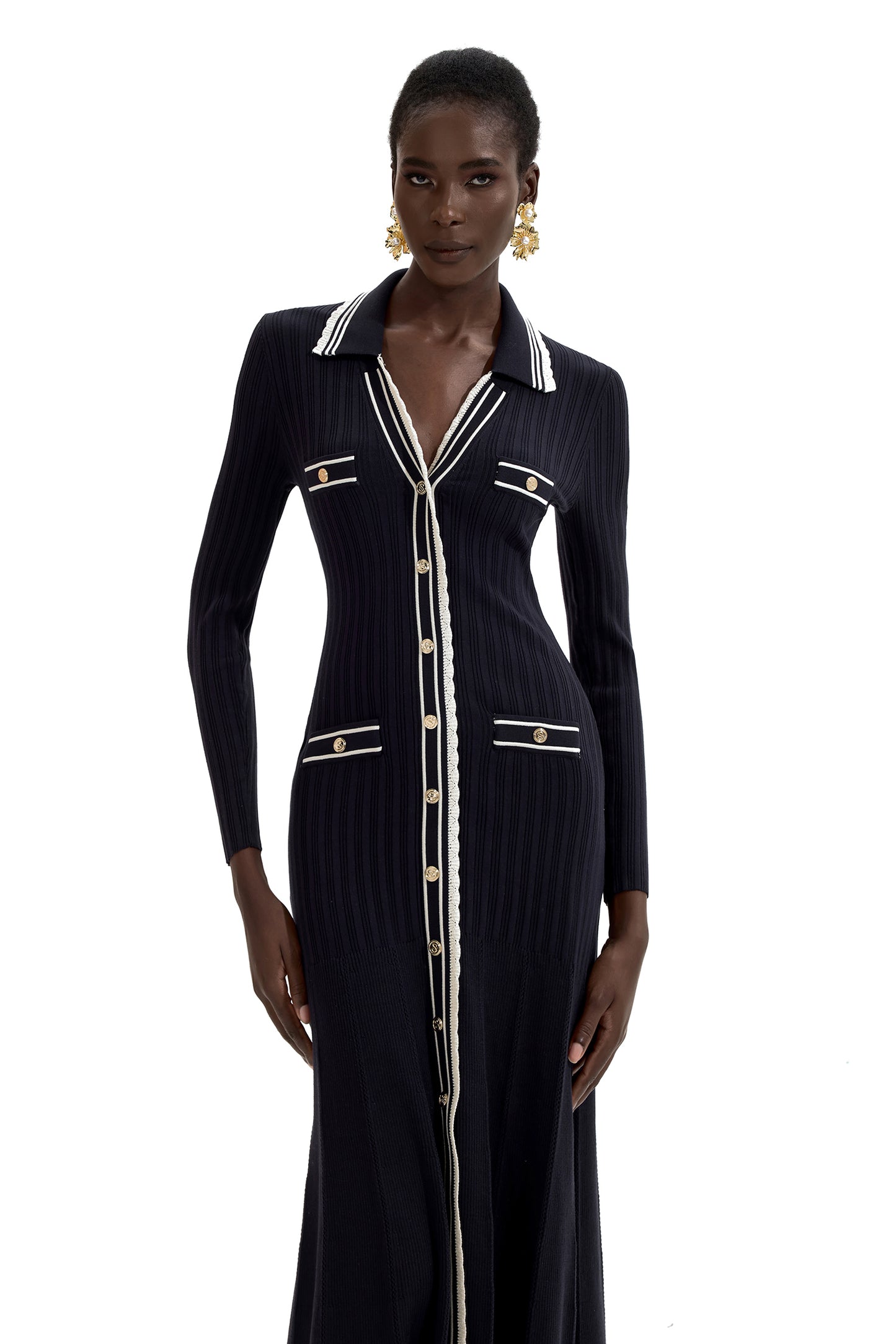 Knit Contrast Color Long Sleeve Midi Dress