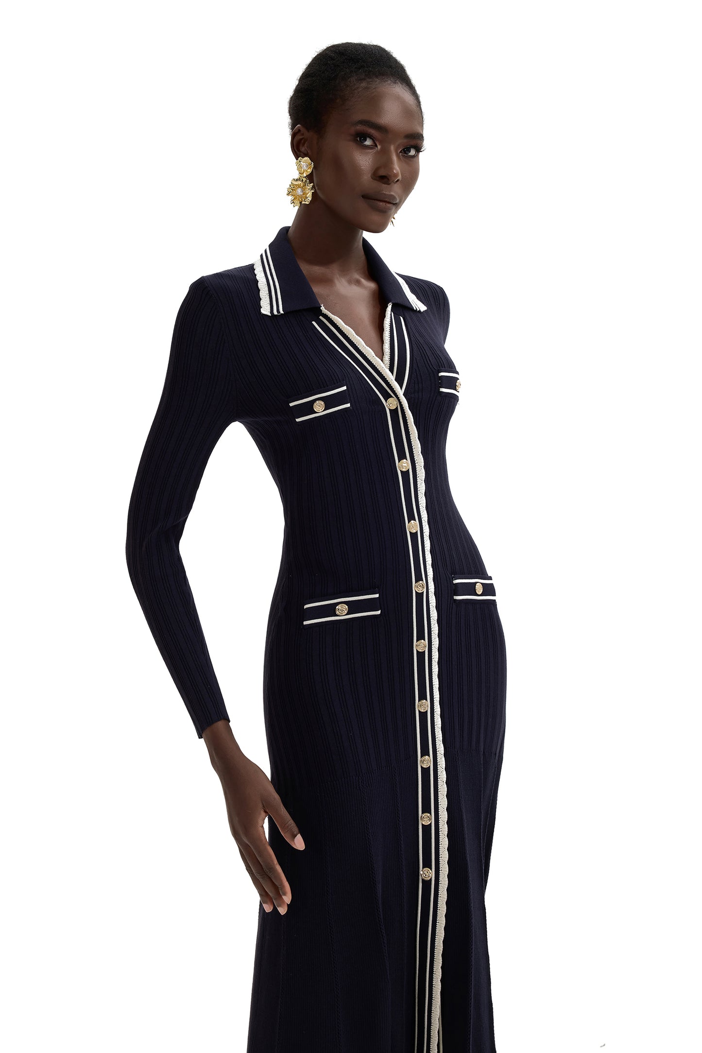 Knit Contrast Color Long Sleeve Midi Dress