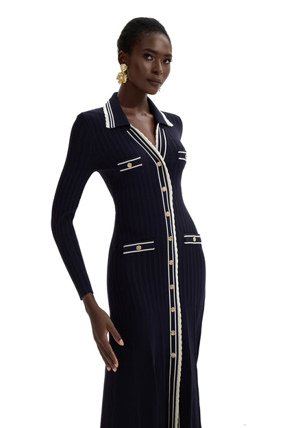 Knit Contrast Color Long Sleeve Midi Dress