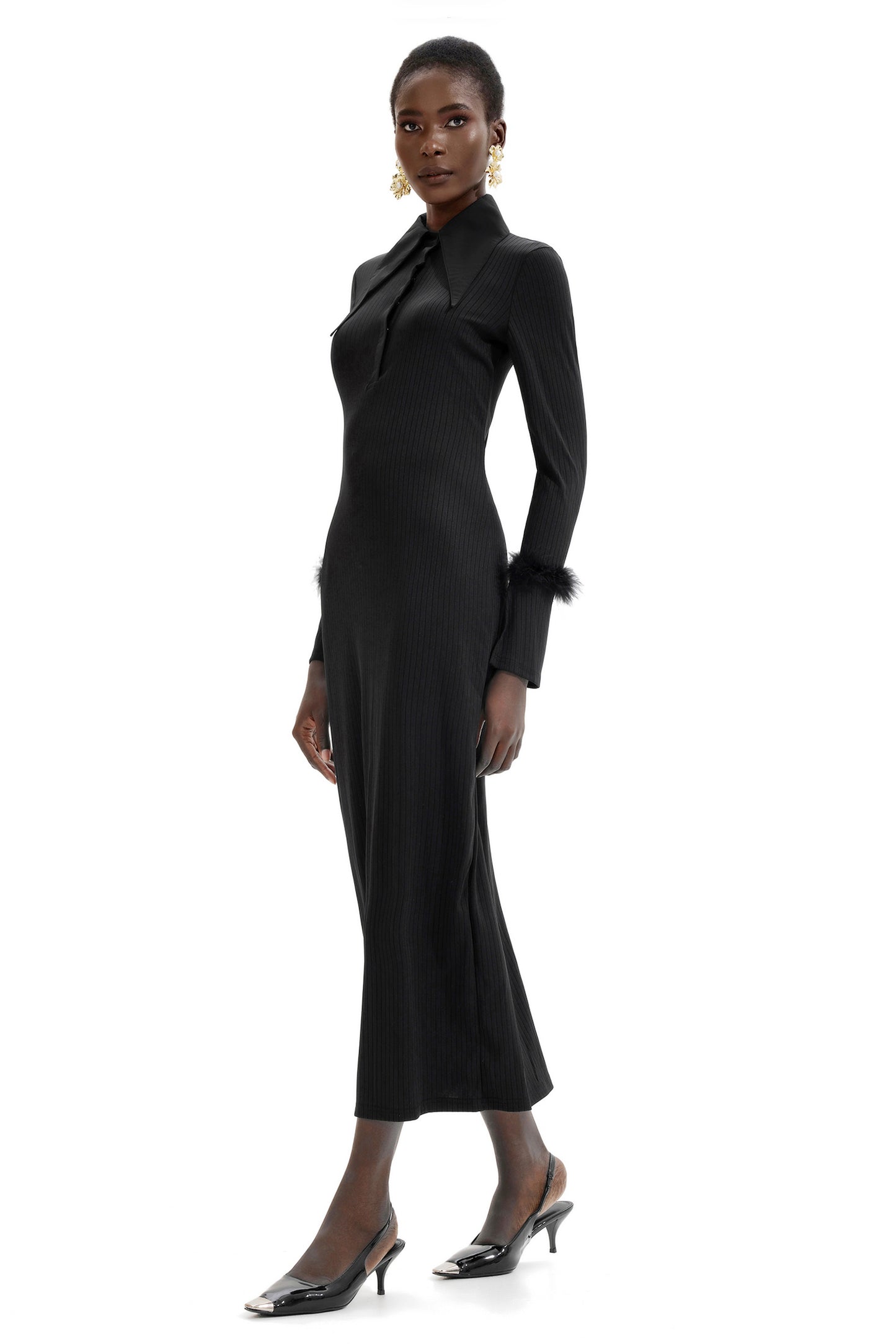 Jersey Feather Long Sleeve Midi Dress