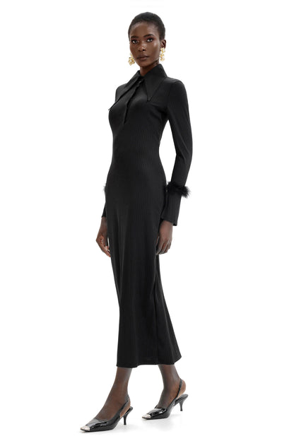 Jersey Feather Long Sleeve Midi Dress