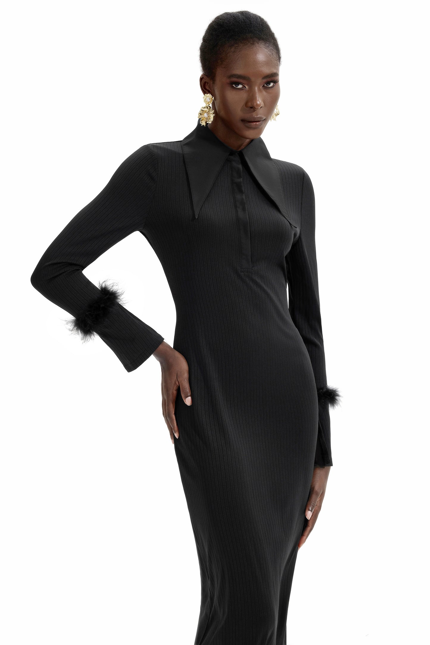 Jersey Feather Long Sleeve Midi Dress