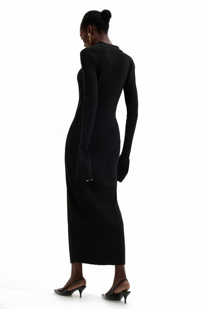 Jersey Solid Button Midi Dress Black