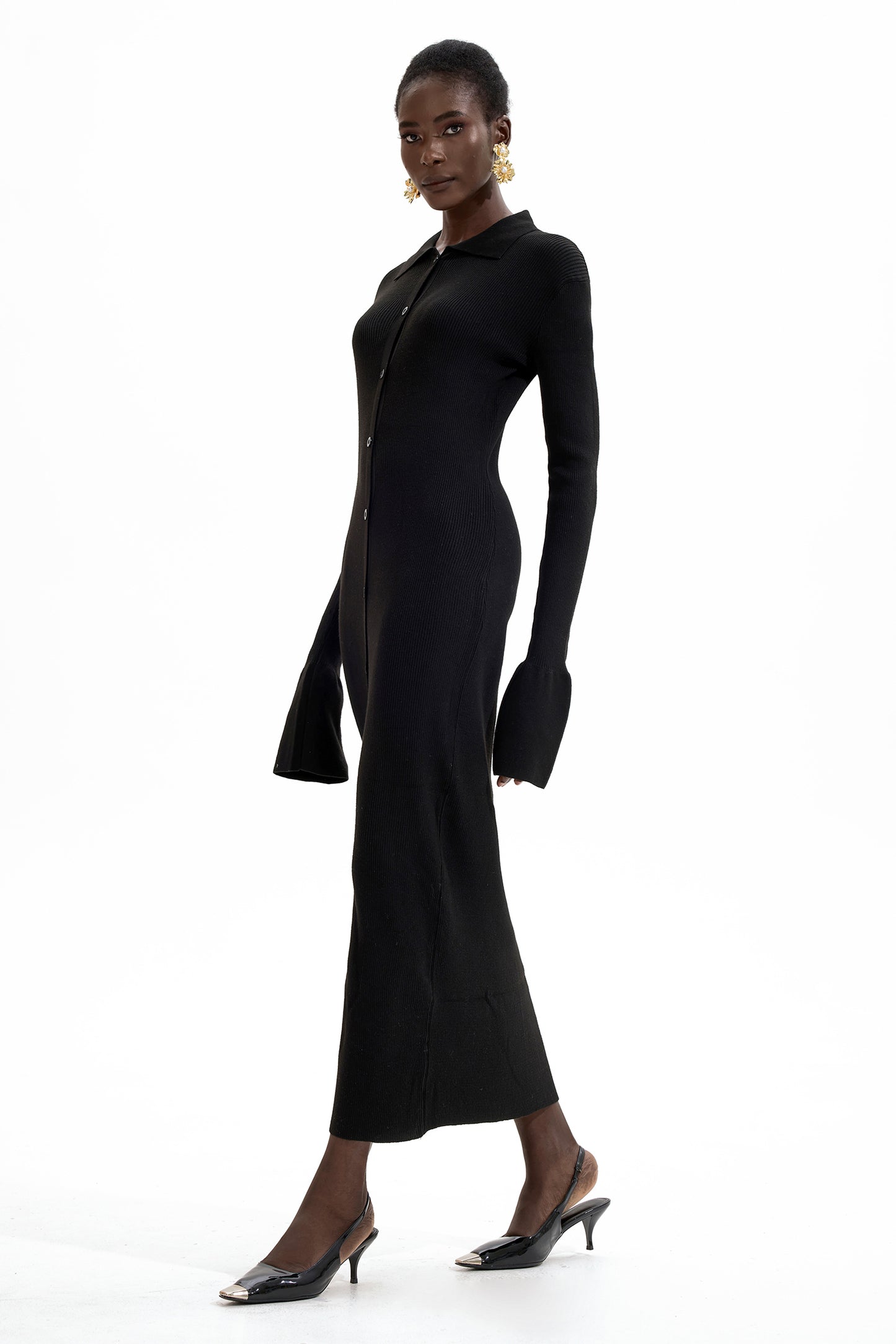 Jersey Solid Button Midi Dress Black