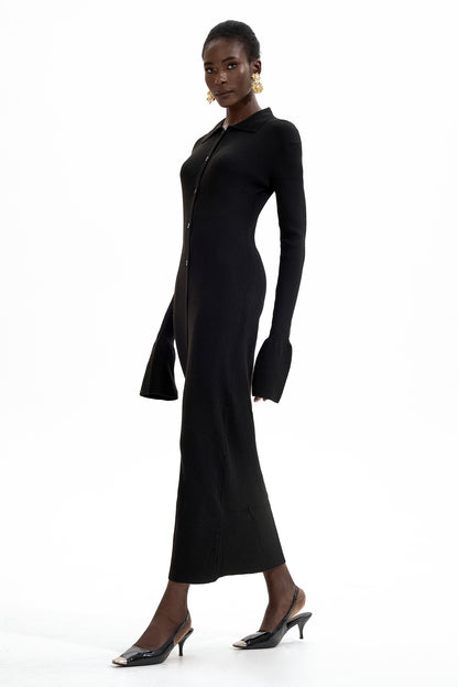 Jersey Solid Button Midi Dress Black