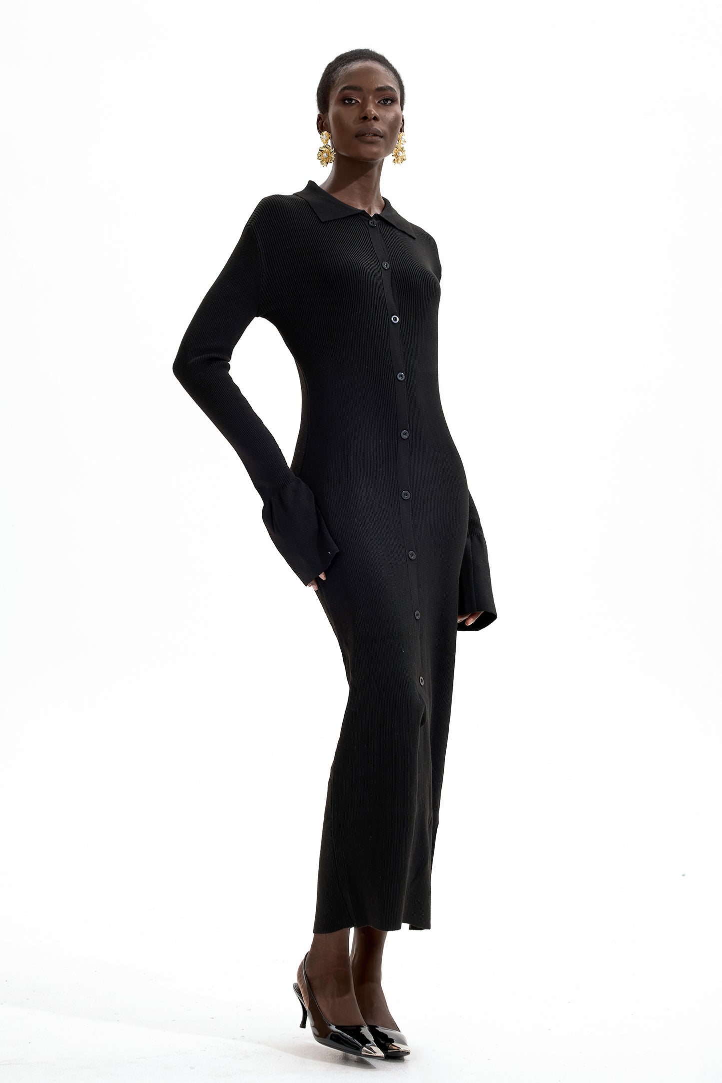 Jersey Solid Button Midi Dress Black