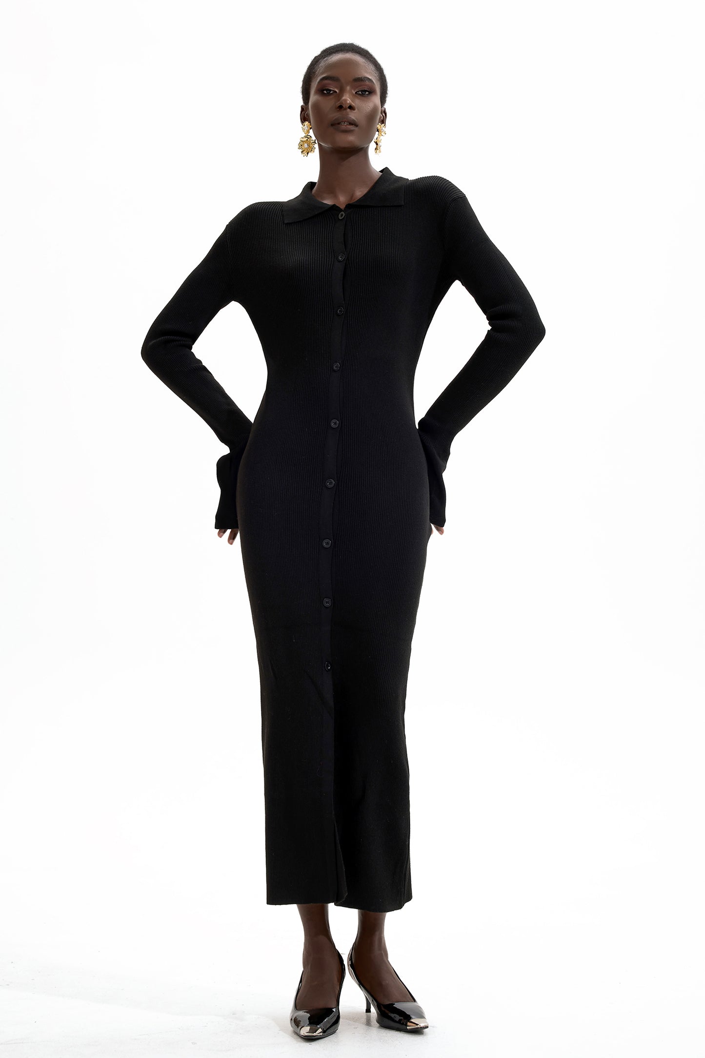 Jersey Solid Button Midi Dress Black