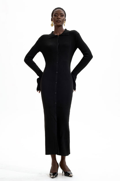 Jersey Solid Button Midi Dress Black
