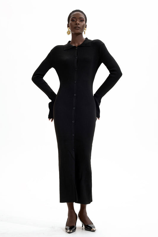Jersey Solid Button Midi Dress Black