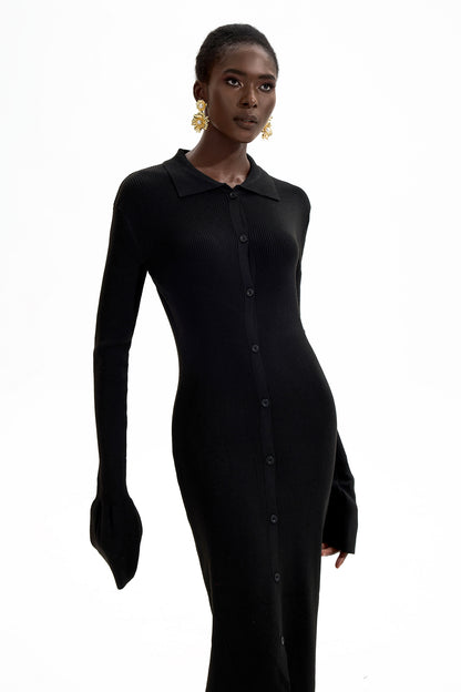 Jersey Solid Button Midi Dress Black
