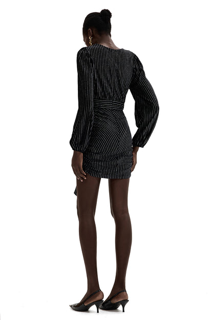 Velvet Silver Foil Stamping V-Neck Mini Dress