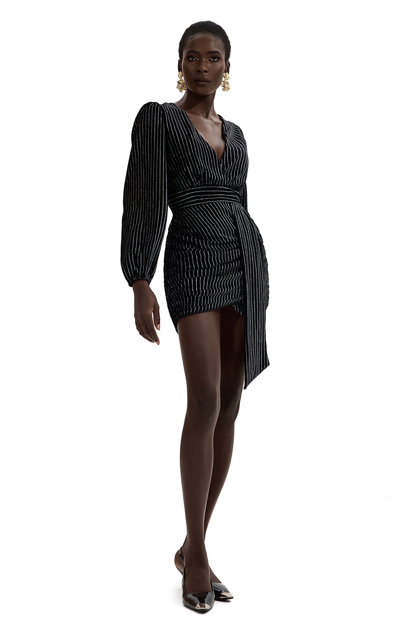 Velvet Silver Foil Stamping V-Neck Mini Dress