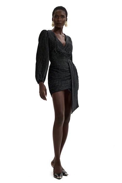 Velvet Silver Foil Stamping V-Neck Mini Dress