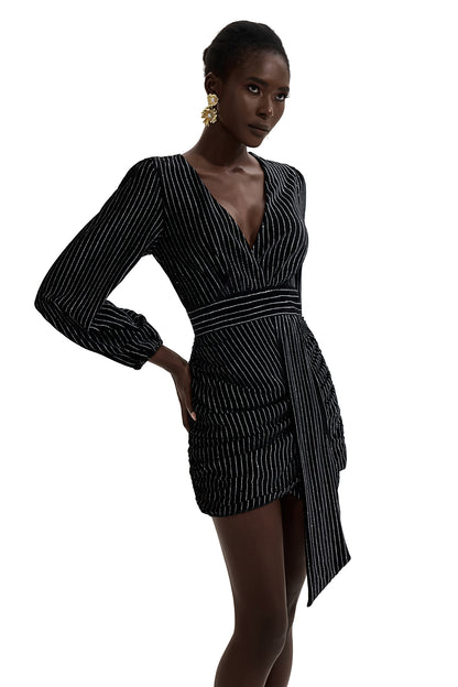 Velvet Silver Foil Stamping V-Neck Mini Dress