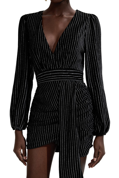 Velvet Silver Foil Stamping V-Neck Mini Dress