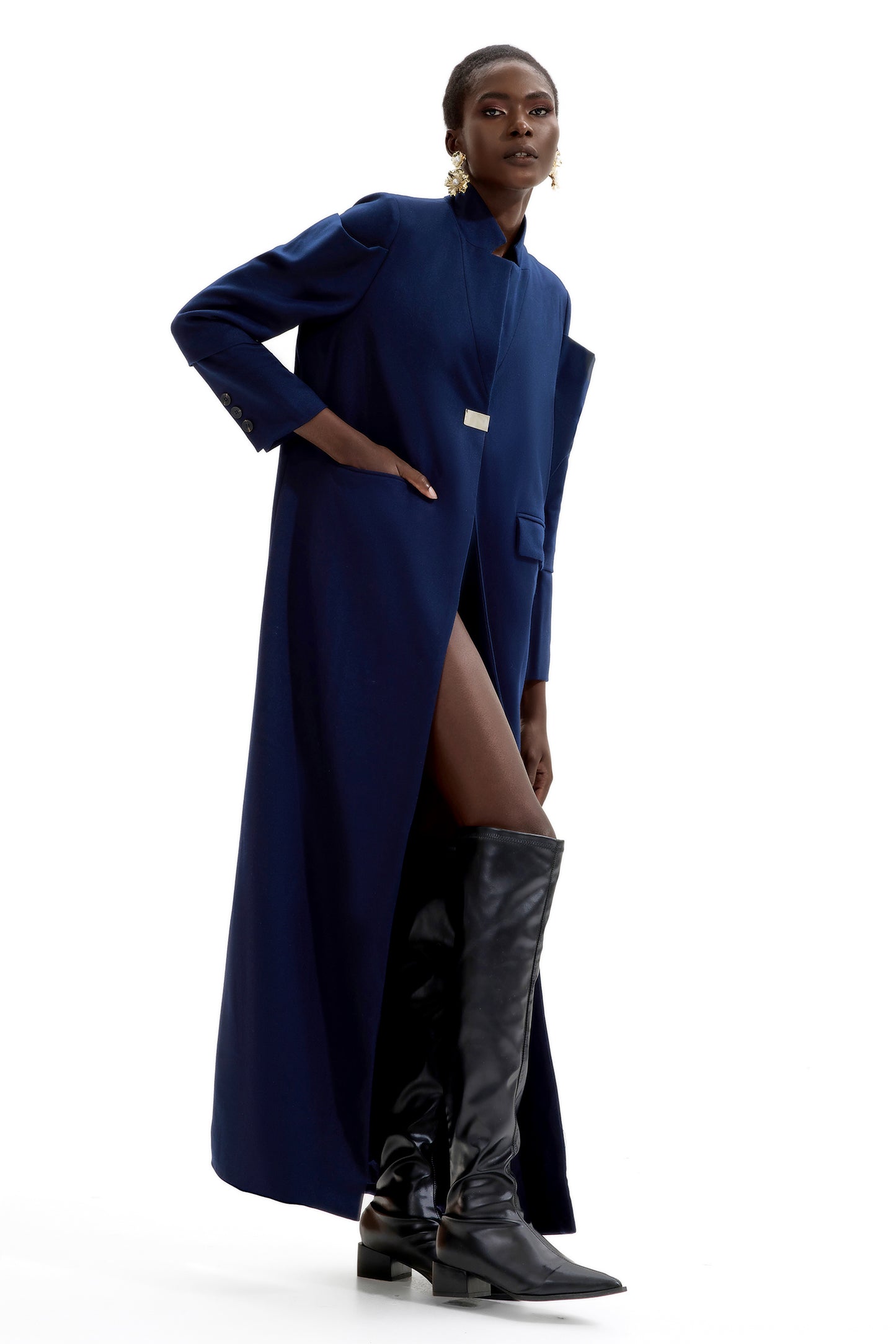 Splicing Stand Collar Midi Coat