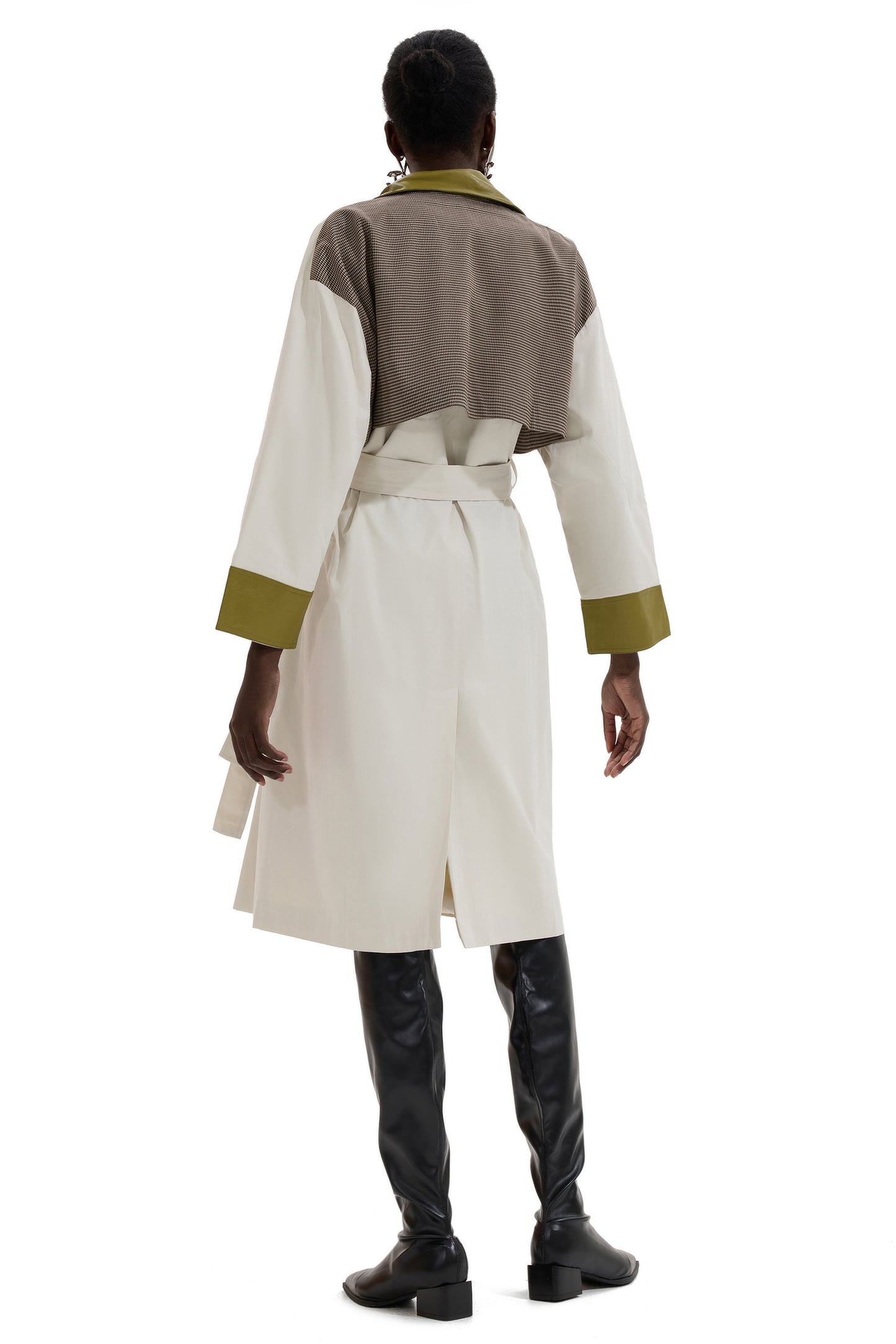 PU Splicing Houndstooth Long Sleeve Coat With Belt